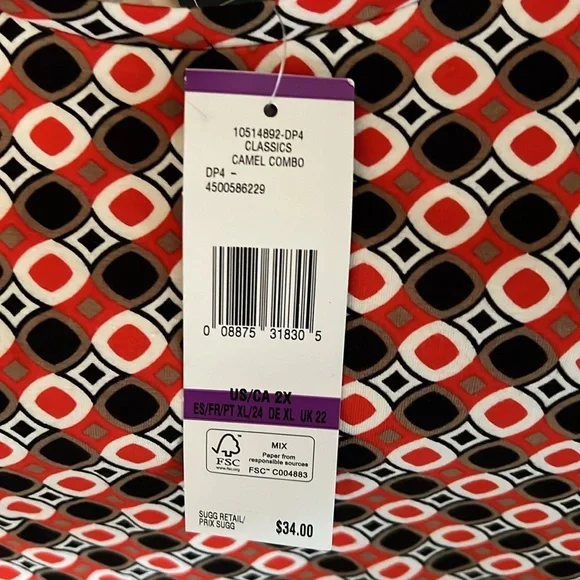 Jones New York Multicolored Stretch Round Neck Tee. Size:  2X.  NWT - Picture 5 of 7